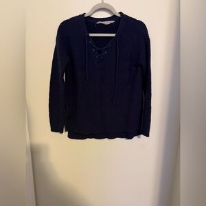 Athleta Navy Knit Sweater tie neck 3/4 length sleeves perfect condition